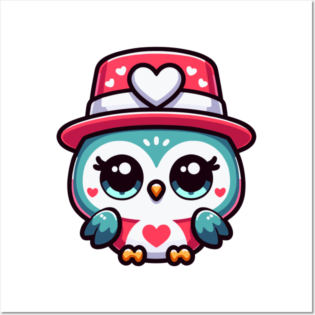 Cute Kawaii Valentine's Owl with a Hearts Hat Wall Art by Luvleigh